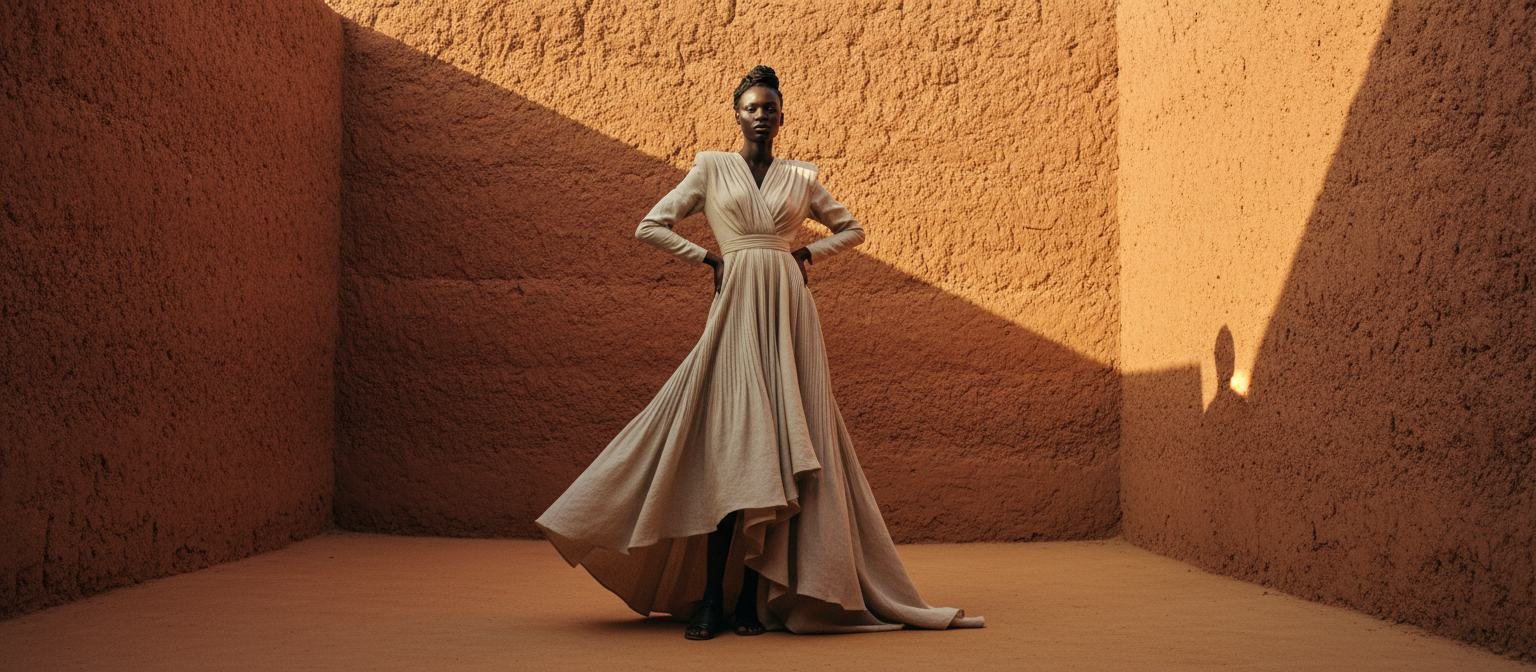 A sculpted ivory silhouette in an earth-toned courtyard