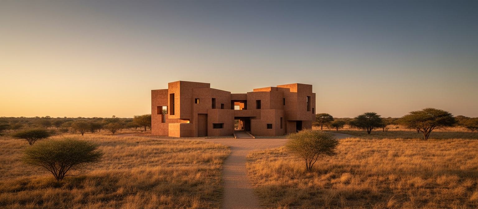 Earth-toned architecture in an African landscape