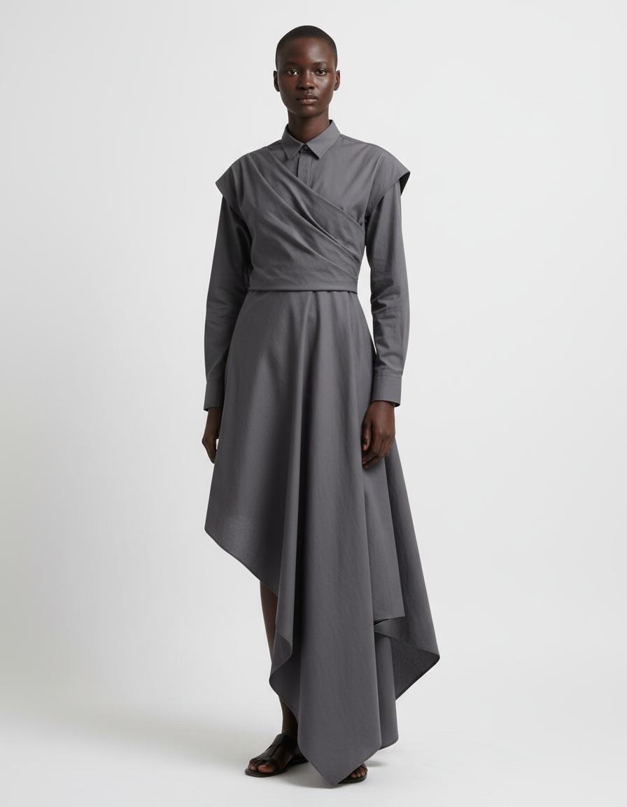 Sculptural Grey Shirt Dress in As pictured