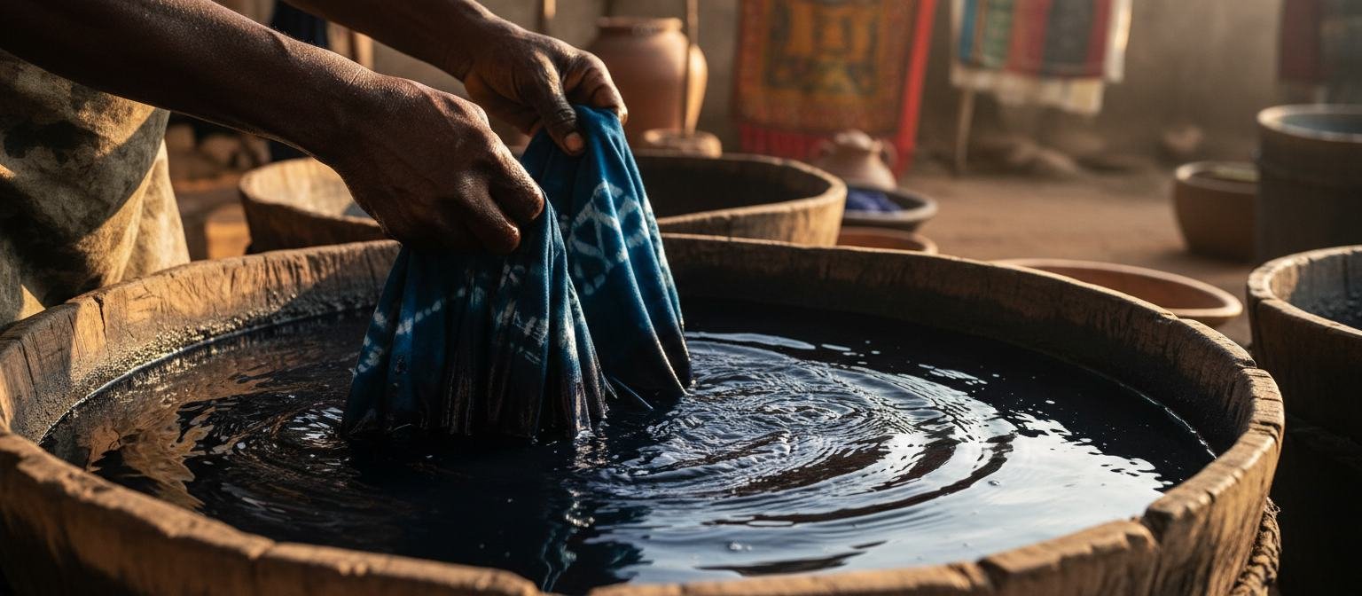 Hands working fabric in an indigo dye bath