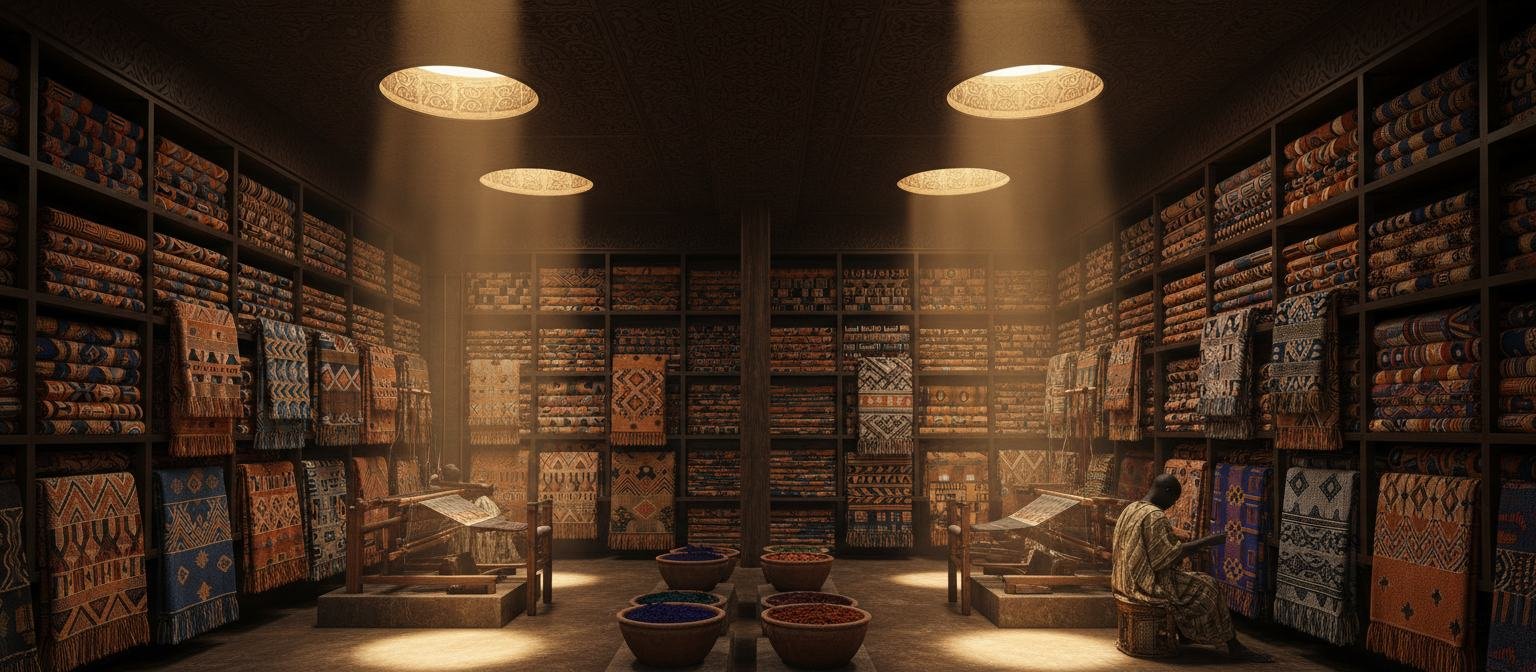 A warmly lit archive of African textiles