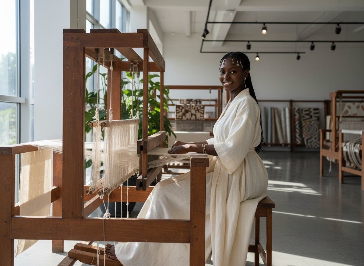 A designer working beside fabric shelves in the atelier