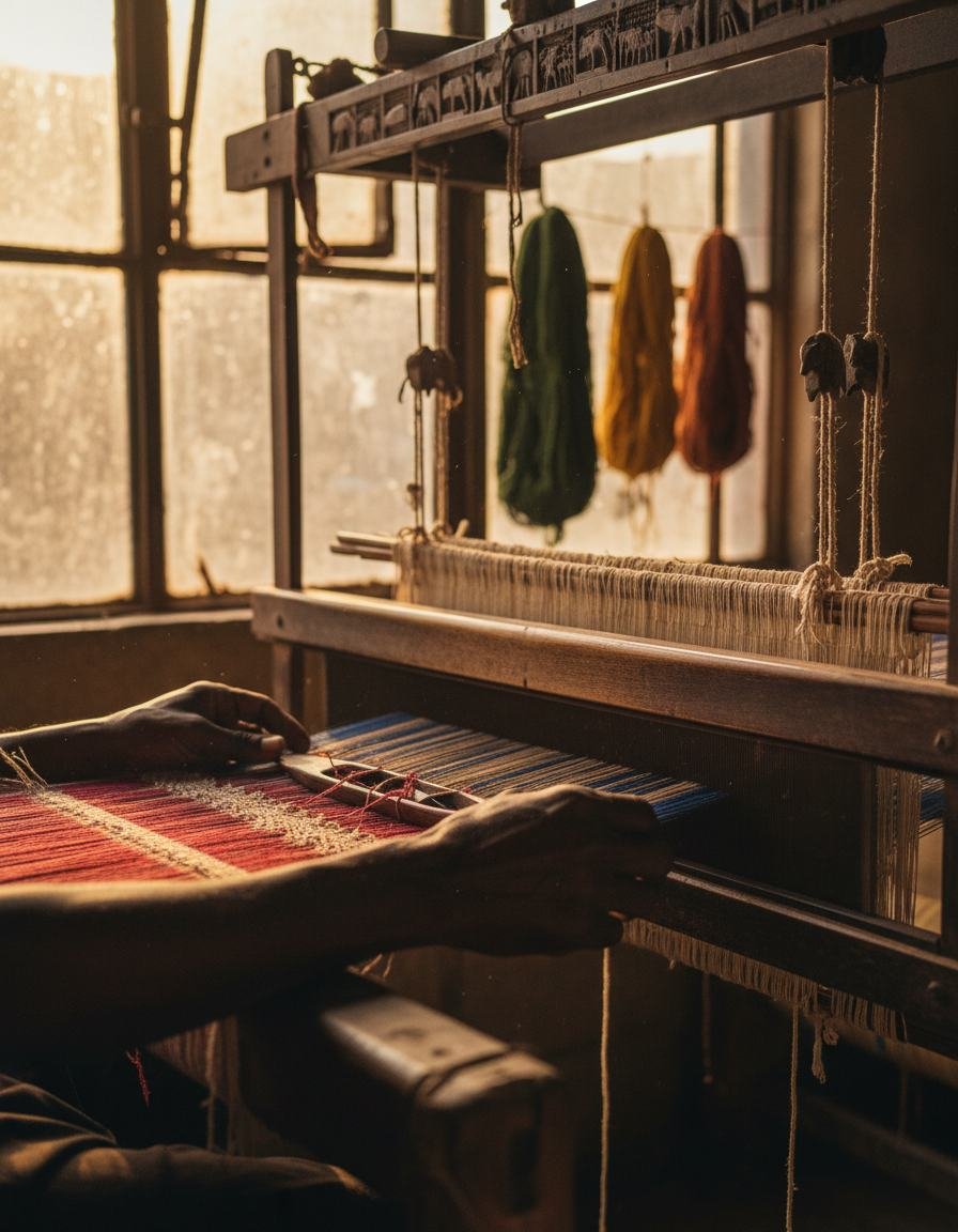 Hands working threads on a traditional wooden loom