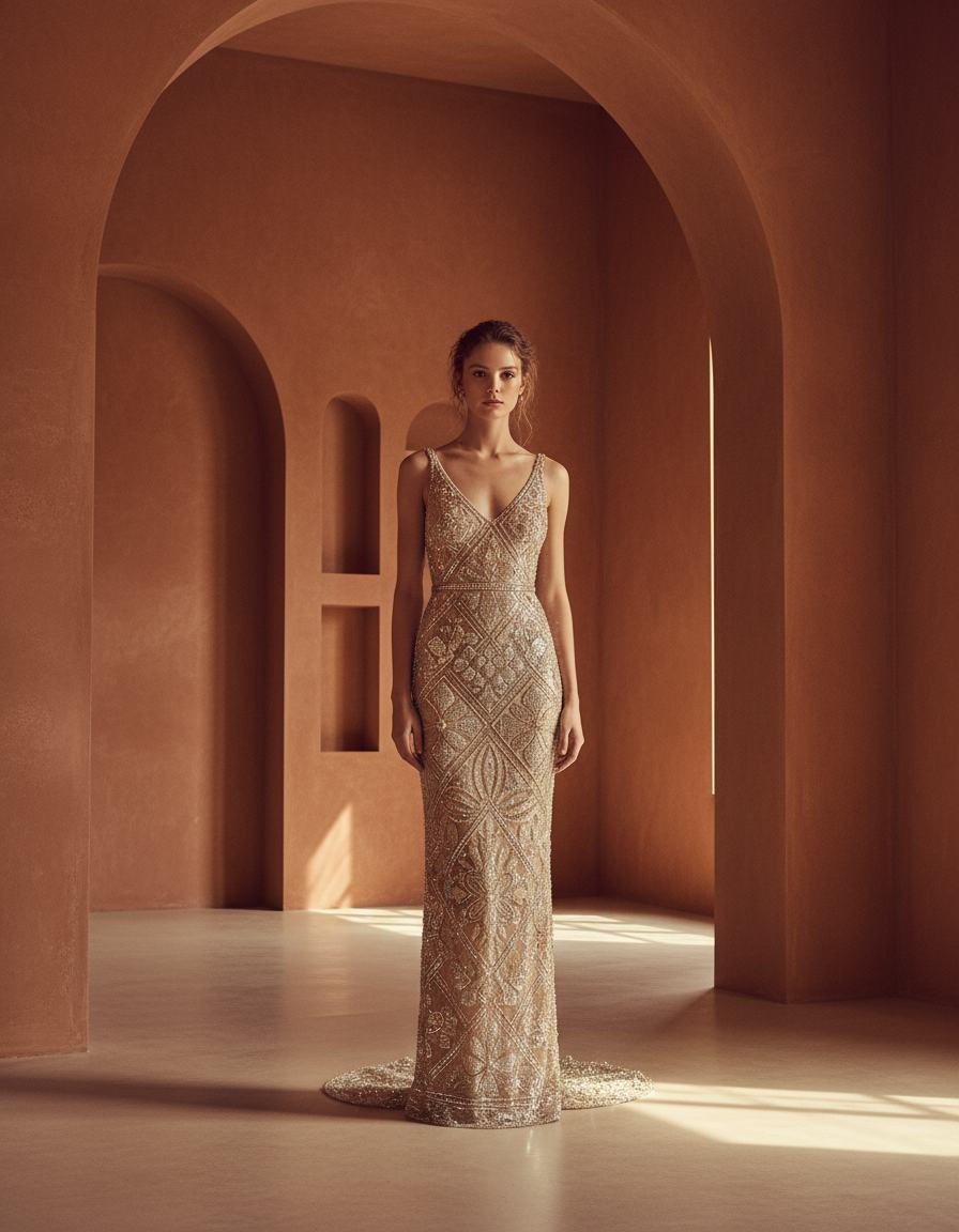 Hand-Beaded Column Gown in Ivory