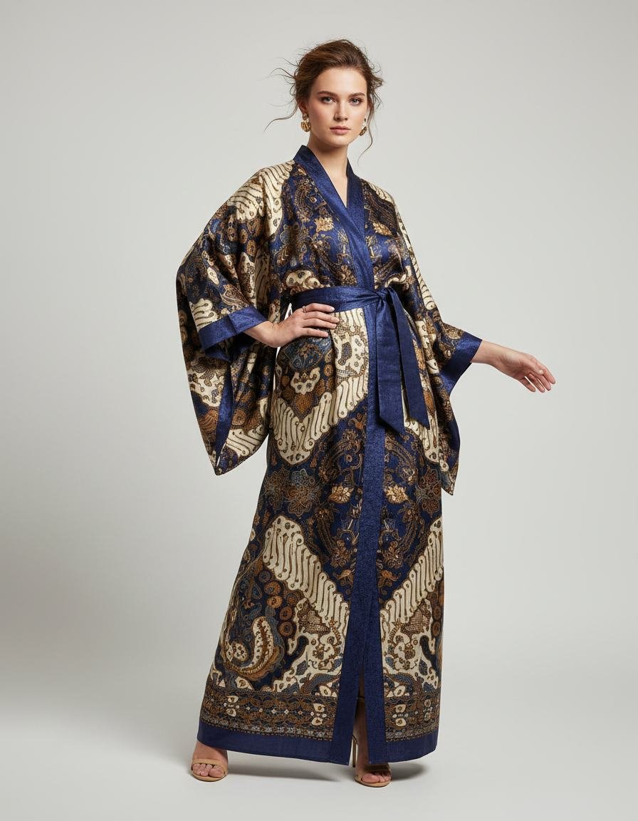 Batik Print Kimono in Indigo / Gold