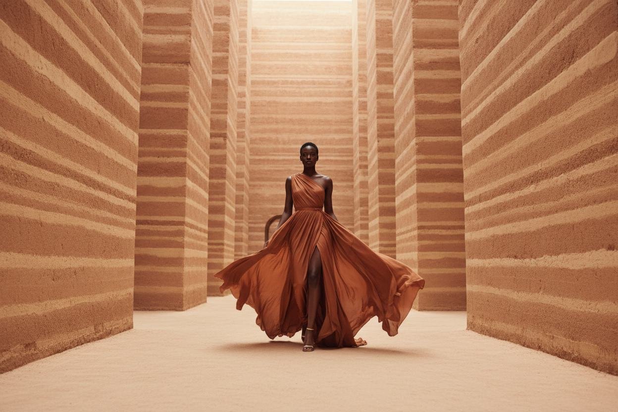 Terracotta gown framed by monumental earth-toned walls