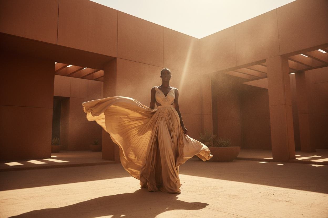 Model in a flowing gold dress in a sunlit architectural setting
