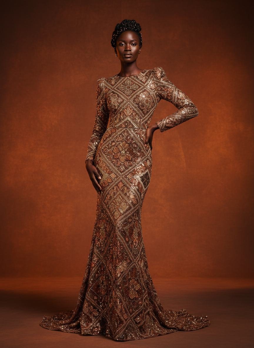 Hand-Beaded Column Gown in As pictured