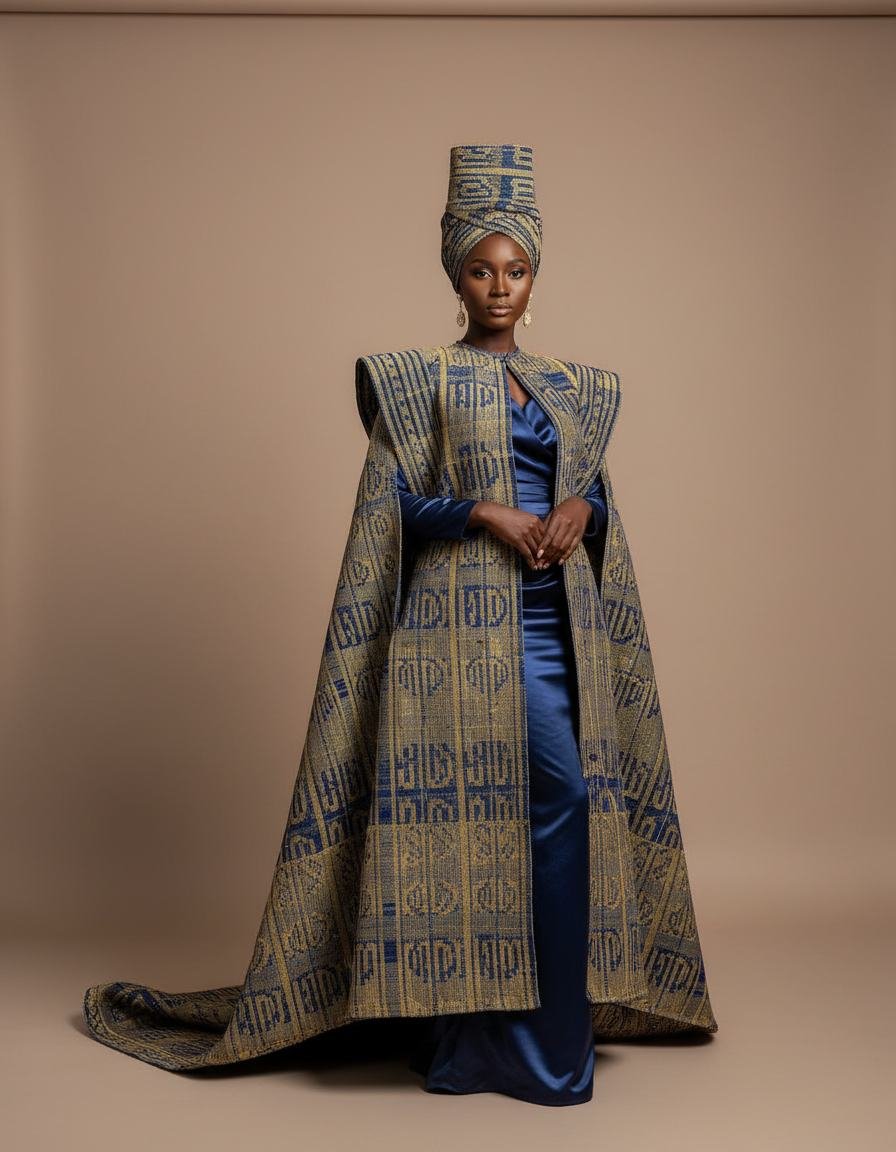Aso-Oke Evening Cape in Gold / Indigo
