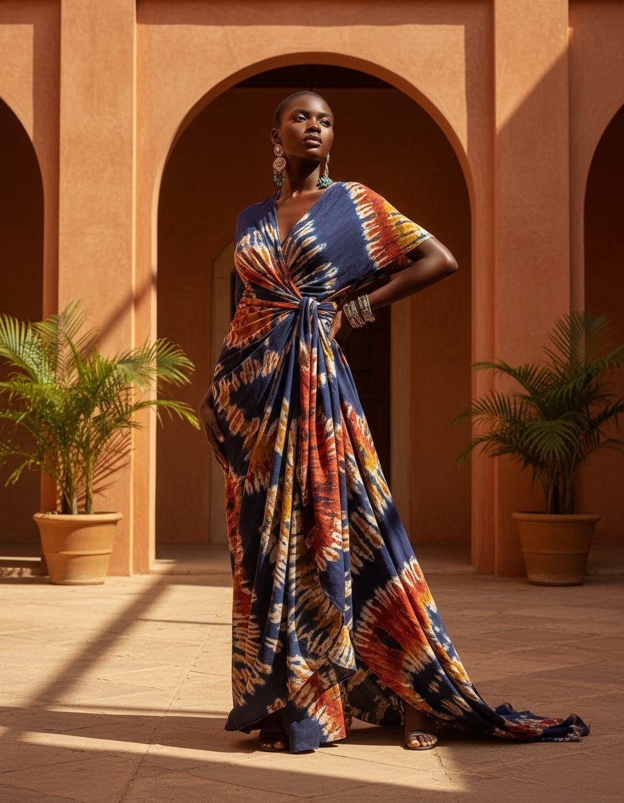 Adire Draped Wrap Dress in Indigo
