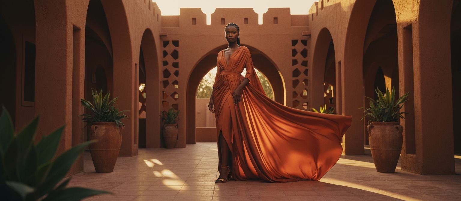 Terracotta dress in an earthen courtyard