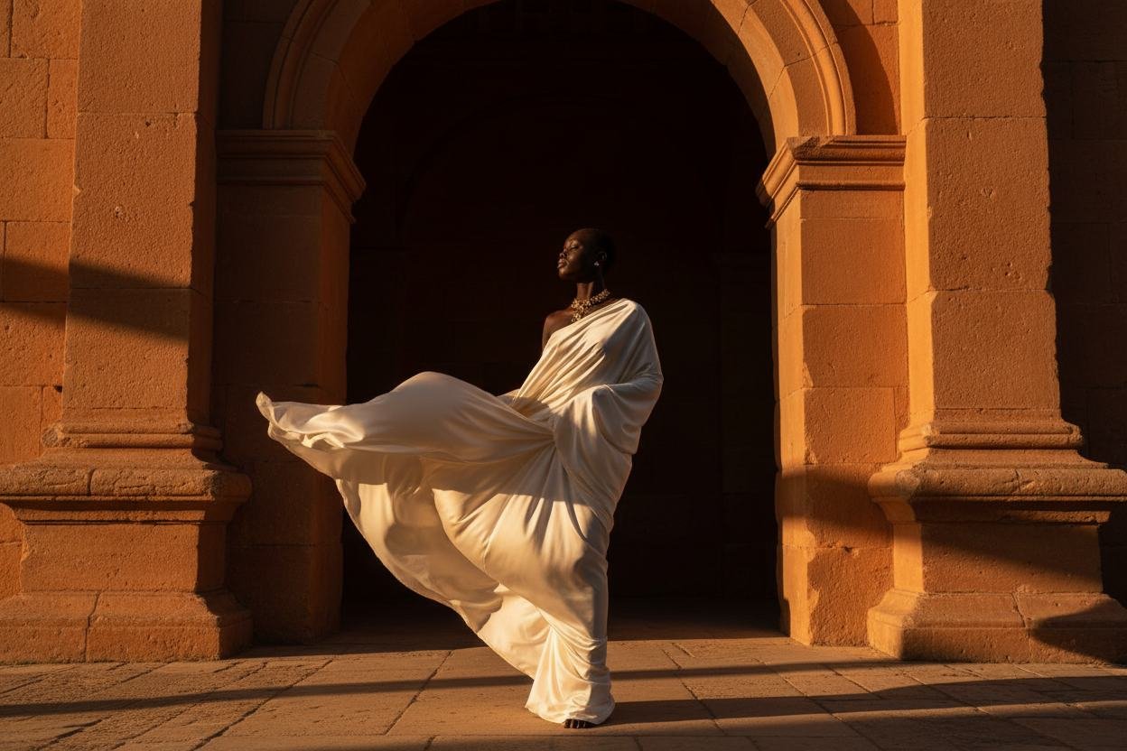 An ivory dress in motion against golden architecture