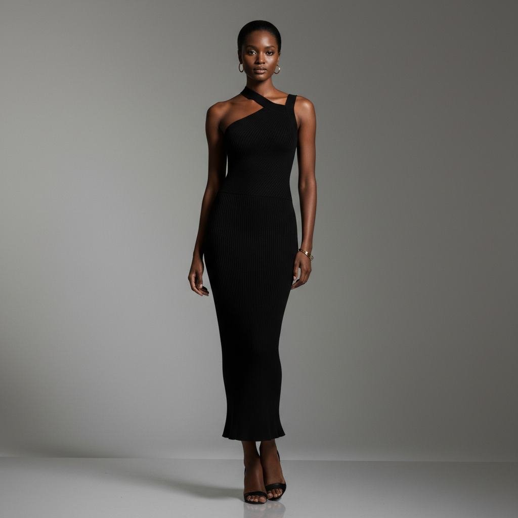 Black Cross-Neck Midi Dress in As pictured