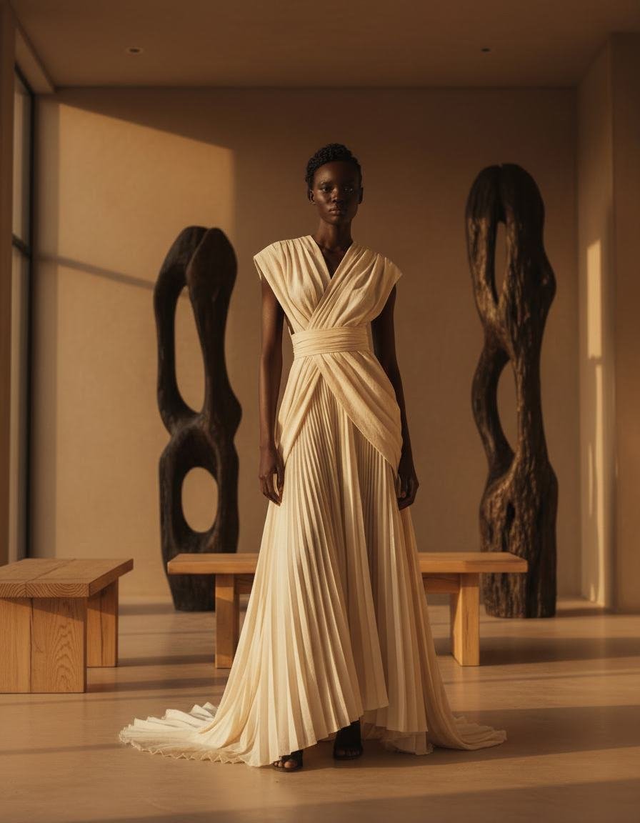 Model in an ivory gown representing the House of Izzi fit philosophy