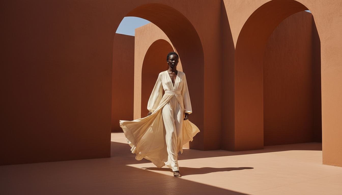 Ivory summer tailoring beneath terracotta arches