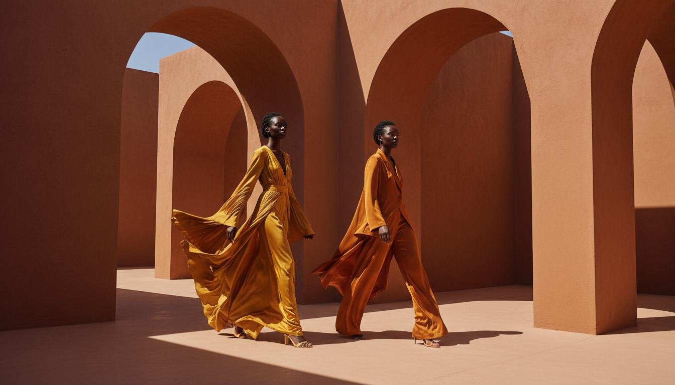 Two models in gold and terracotta clothing walking beneath arches