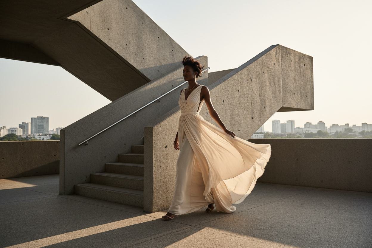 An ivory dress in motion against modern concrete architecture