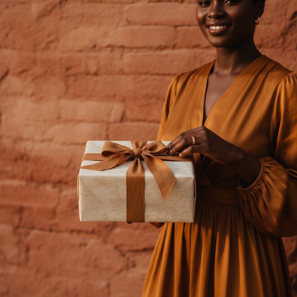 Woman in a copper dress holding a wrapped House of Izzi gift