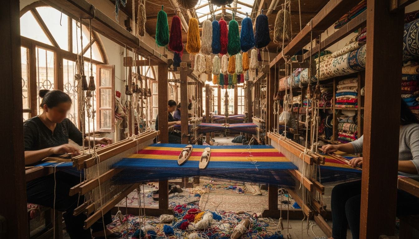 Colourful textiles and traditional looms inside a weaving atelier